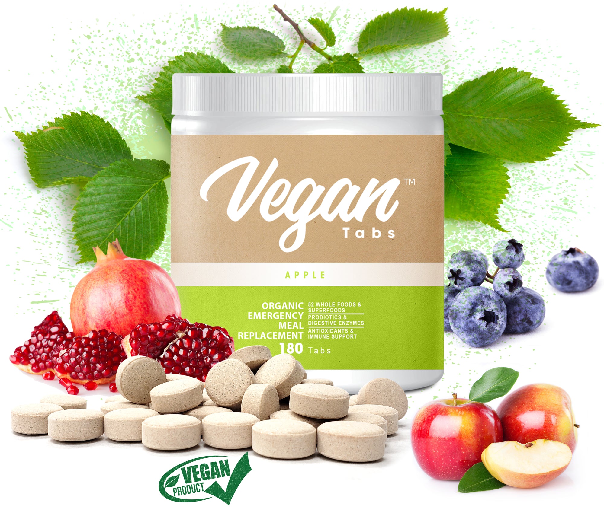 Vegan Tabs 180 Complete Plant-Based  food tablets, Non-GMO, Vegan, Dairy-Free, Gluten-Free, Soy Free, Allergy Free w/Digestive Enzymes, Dietary Supplement, Apple